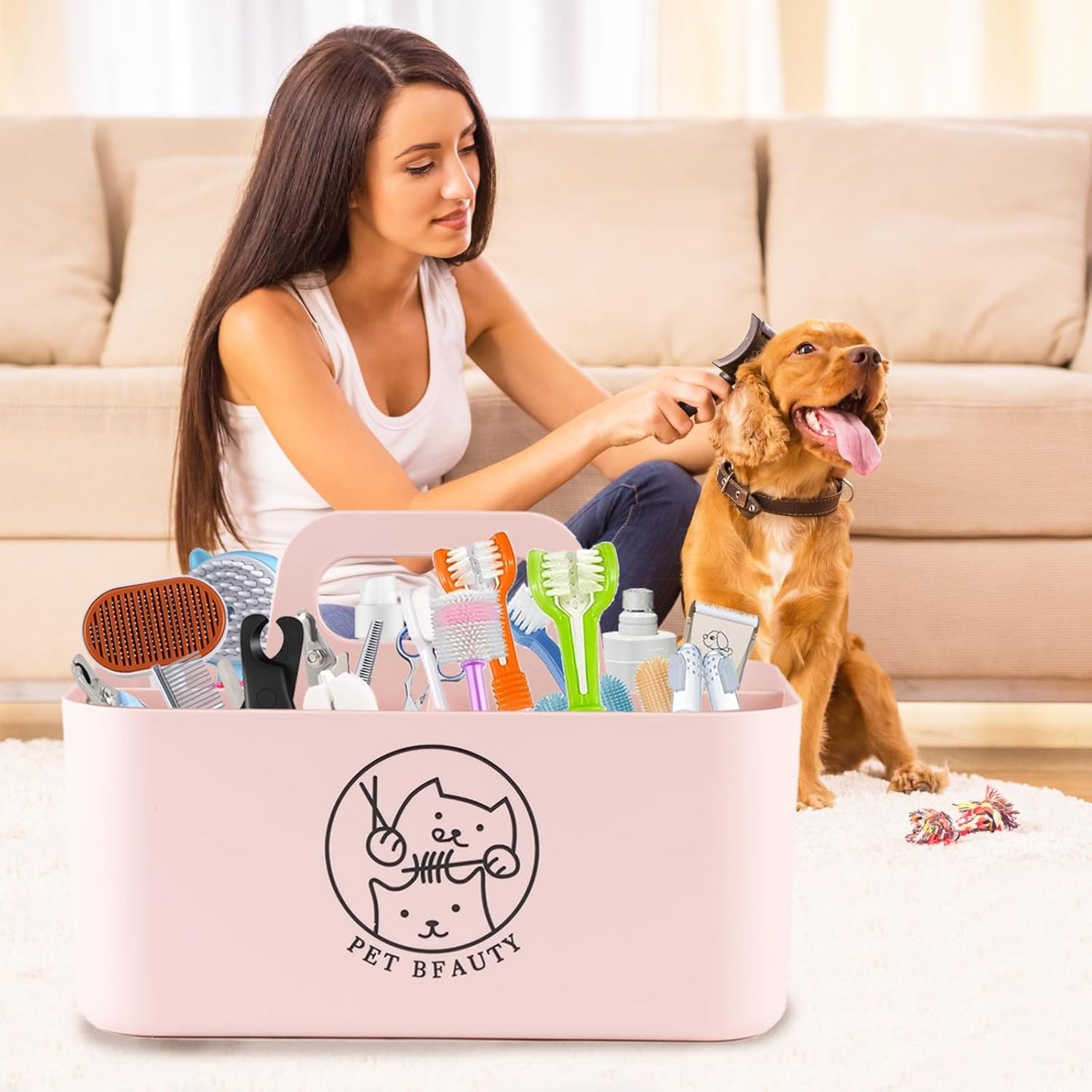 5-Compartment Pink Dog Stuff Storage Caddy for Grooming Supplies, Portable Organizer with Handle