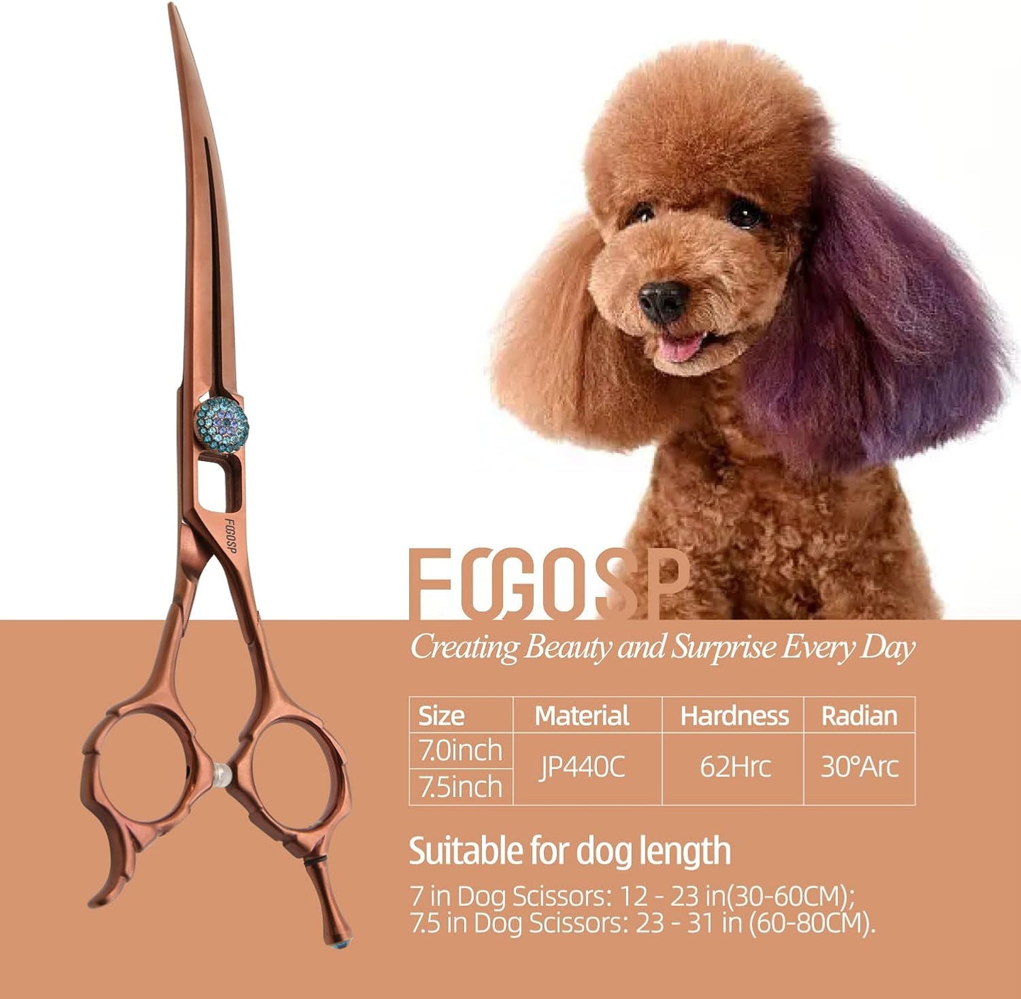 Curved Dog Grooming Scissors 7.5'' Downward 30ยฐ Professional Pet Grooming Trimming Shears for Dogs Teddy High Cobalt Alloy Steel for Right Handed Groomers (7.5, Chocolate Curve)