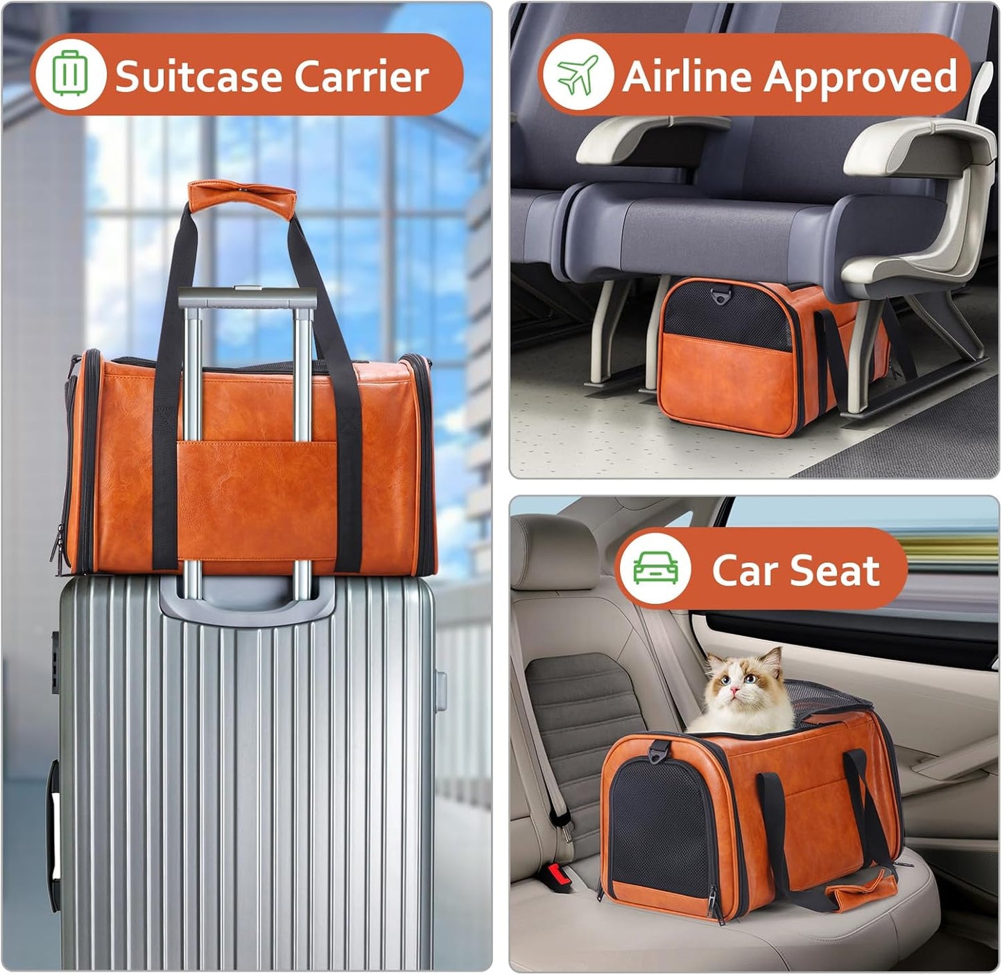 Fashion Leather Dog Carrier Cat Carrier Airline Approved Pet Carrier for Small Medium Dogs Cats Under 15Lbs, Collapsible Soft Sided Travel Puppy Carrier Brown