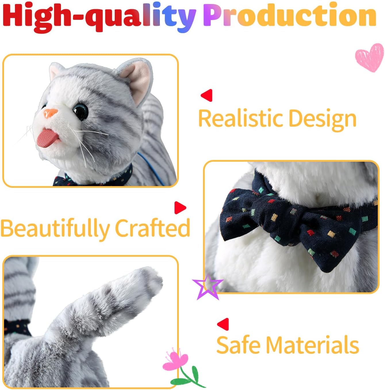 Gray Leash Walking Cat Set Interactive Talking Cat Singing Dancing Kitten Mimicking Repeat What You Say Kitty Touch and Voice Control Nodding Wagging Tail Plush Electric Kitty for Kid Gril
