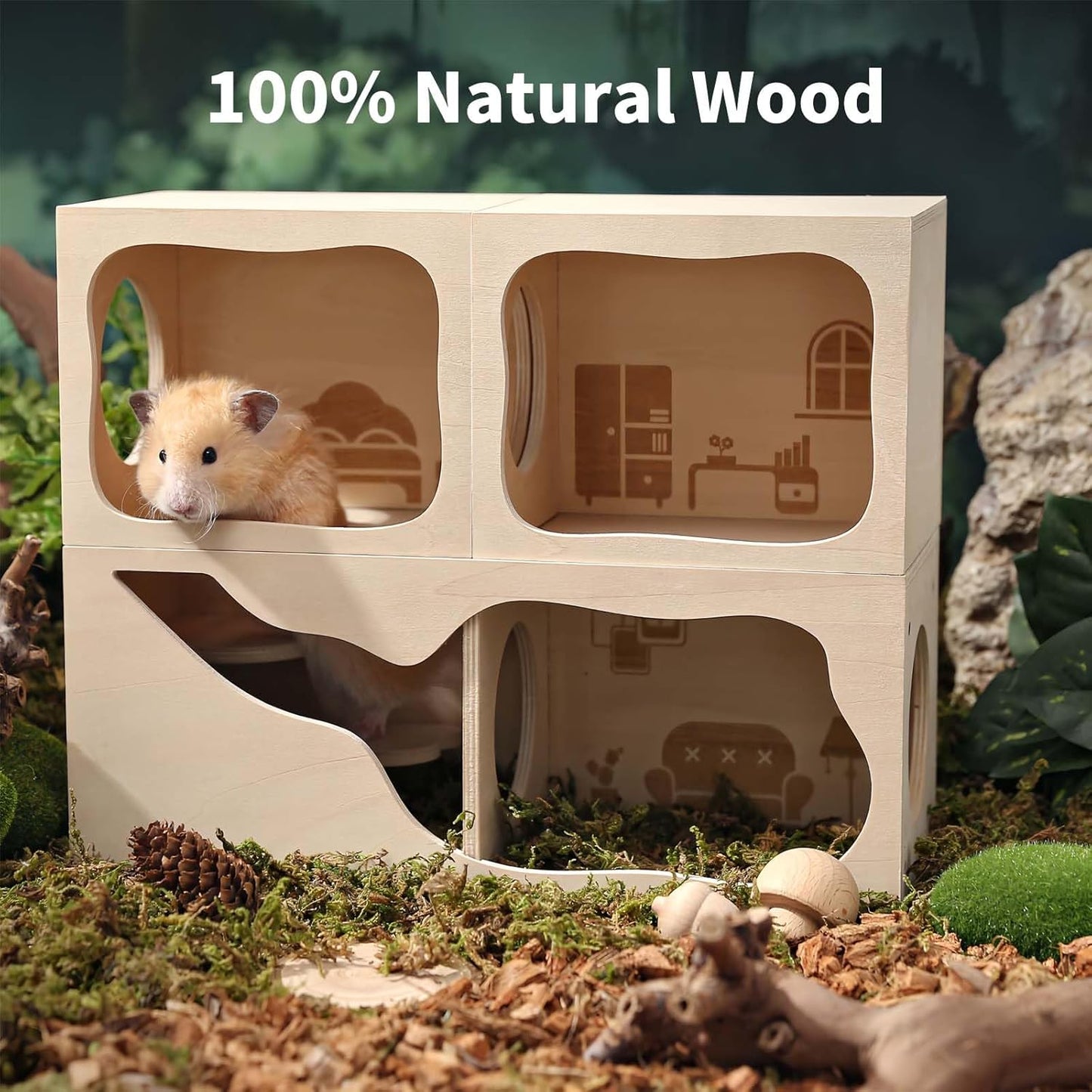 Marchul Hamster Hideout Wooden House Chamber Small Animals Pets Tunnel Exploring Toys for Dwarf Hamsters, Syrian Hamsters, Gerbils, Hedgehogs, Rats, Mice (Bed Room)