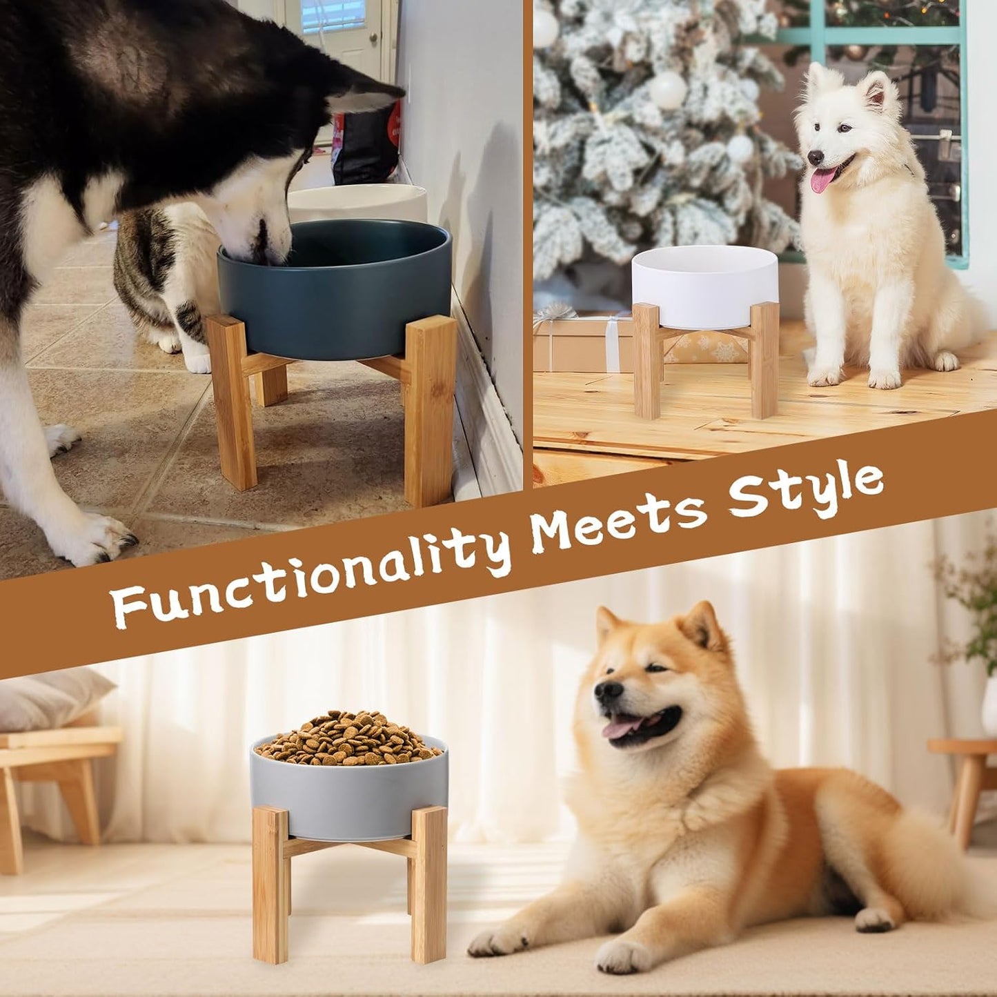 Raised Ceramic Large Dog Bowl - Heavy Weighted Dog Dish with Bamboo Stand - Elevated for Comfortable Feeding - 8.3" W x 8" H - 4.5 Cups (68 fl oz) - Grey