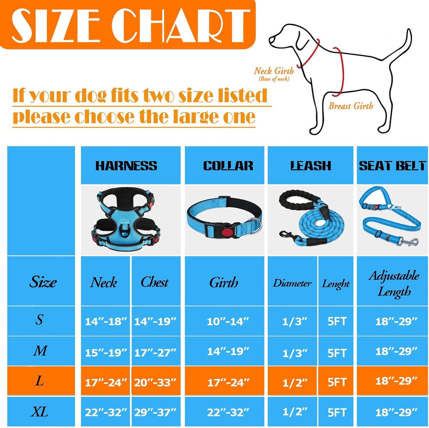 No Pull Dog Harness, Collar & Leash Set | Includes Dog Seat Belt, Collapsible Bowls & Poop Bag Dispenser. Ideal for Training, Walking, Hiking. Fits Small to Large Dogs(Blue-L)
