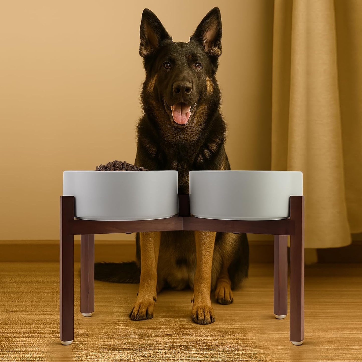 SPUNKYJUNKY Raised Ceramic Dog Bowls Set with Non-Slip Acacia Wood Stand for Large Sized Dog(60.87 OZ, Gray)