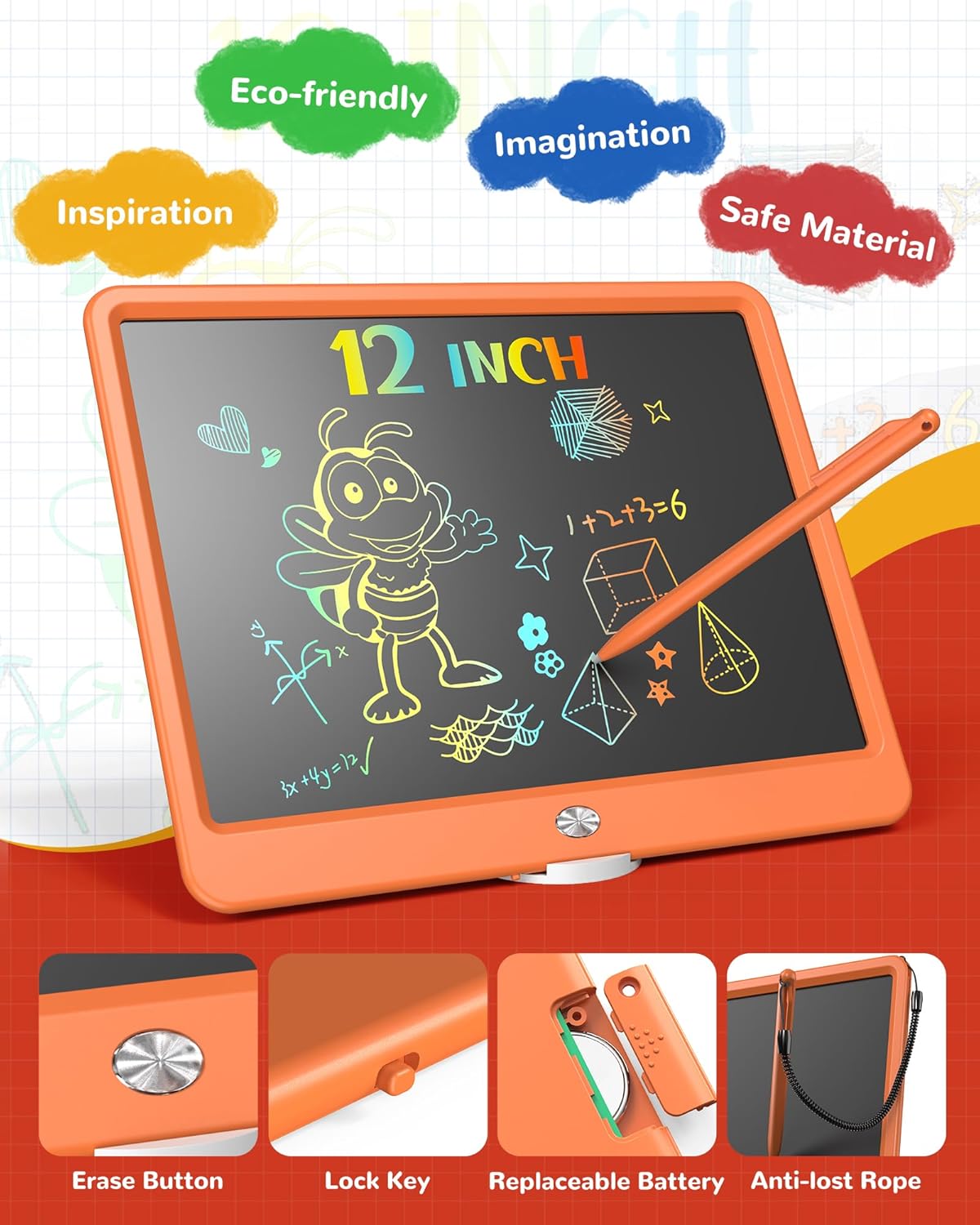 KOKODI LCD Writing Tablet, 12 Inch Colorful Toddler Doodle Board Drawing Tablet, Erasable Reusable Electronic Drawing Pads, Educational and Learning Toy for 3-6 Years Old Boy and Girls(Orange)