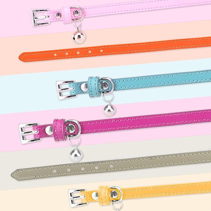 PUPTECK 2 PCS Soft Genuine Leather Cat Kitten Collar with Bells Adjustable for Girl Boy Cats Puppy - Red, Silvery