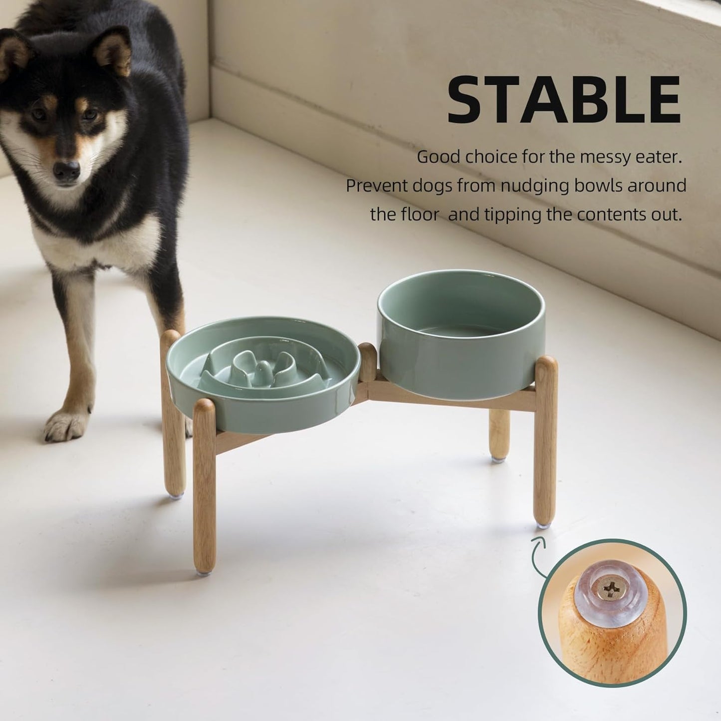 Ceramic Raised Slow Feeder Dog Bowl Set, Elevated 7.3inch Bowl and 8.2inch Puzzle Slow Dish with Wooden Stand for Medium and Large Dog, Anti-Gulping (2X Light Green+ Stand)