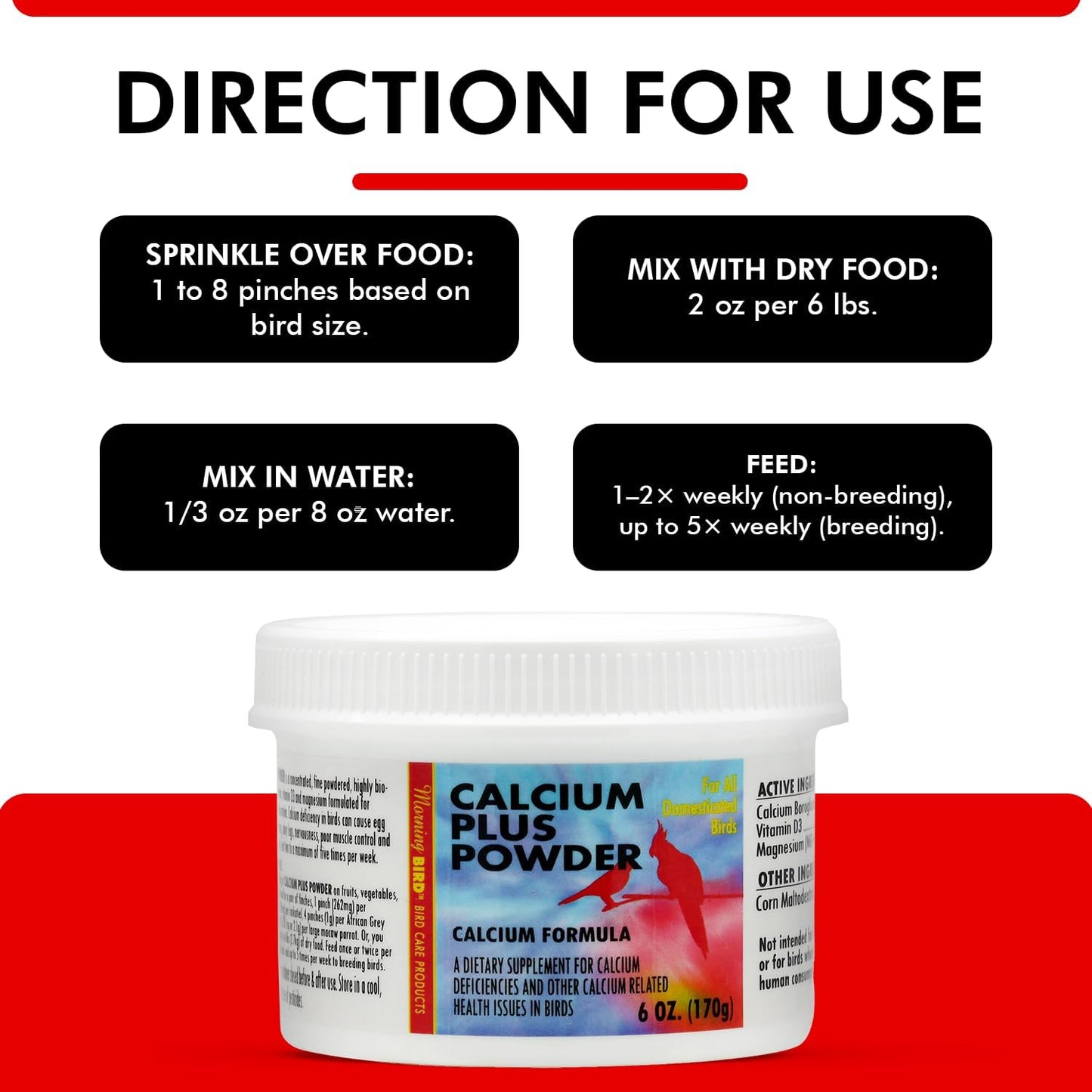 Morning Bird Calcium Plus Powder for Birds 6 oz – Calcium Supplement with Vitamin & Protein Powder – Supports Bone Health, Muscle Function & Digestive Balance – Easy-to-Mix Calcium Formula