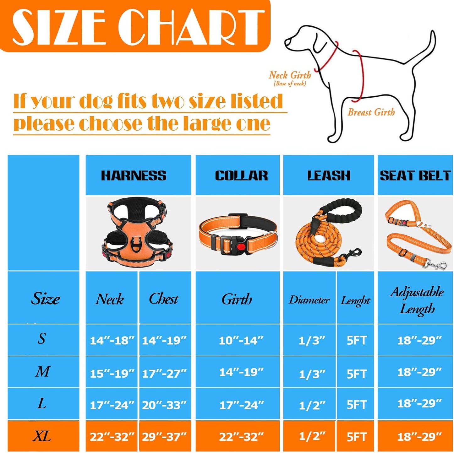 No Pull Dog Harness, Collar & Leash Set | Includes Dog Seat Belt, Collapsible Bowls & Poop Bag Dispenser. Ideal for Training, Walking, Hiking. Fits Small to Large Dogs(Orange-XL)