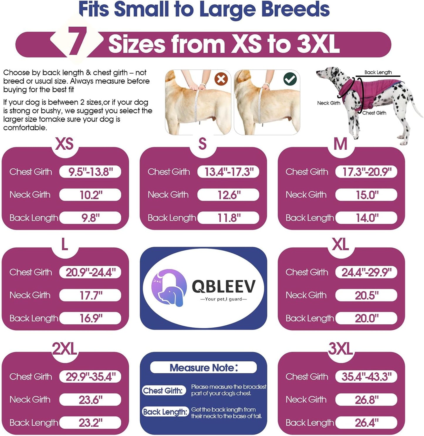 QBLEEV Reversible Dog Coat for Large Dogs, Waterproof Windproof Winter Jacket Keeps Big Breeds Warm & Dry, Adjustable Hook & Loop Puffer Vest, Purple, 3XL – Fits Labrador, Weimaraner, Great Dane