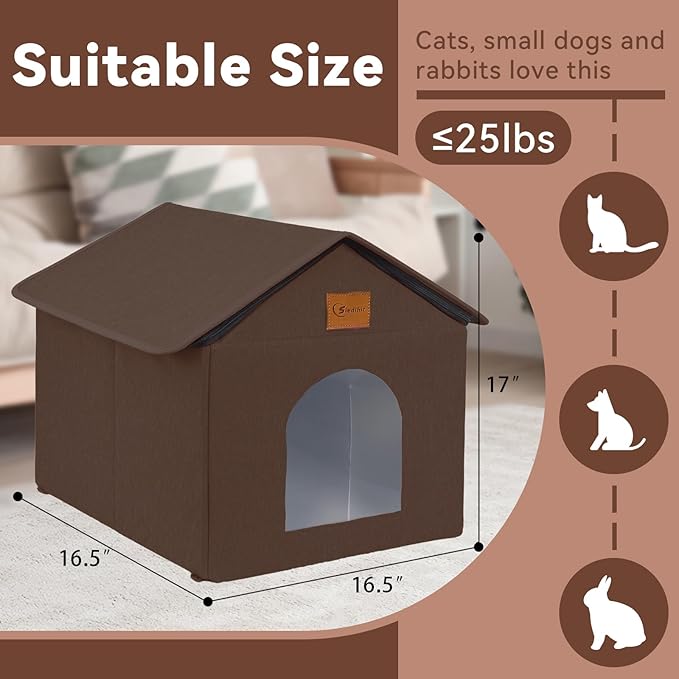 Outdoor Cat House for Shelter Feral Cat, Outside Waterproof Cat House for Outdoor/Indoor Cats, Insulated Cat Bed for All Seasons with Cozy Cushion (Brown, Large Zip Style)