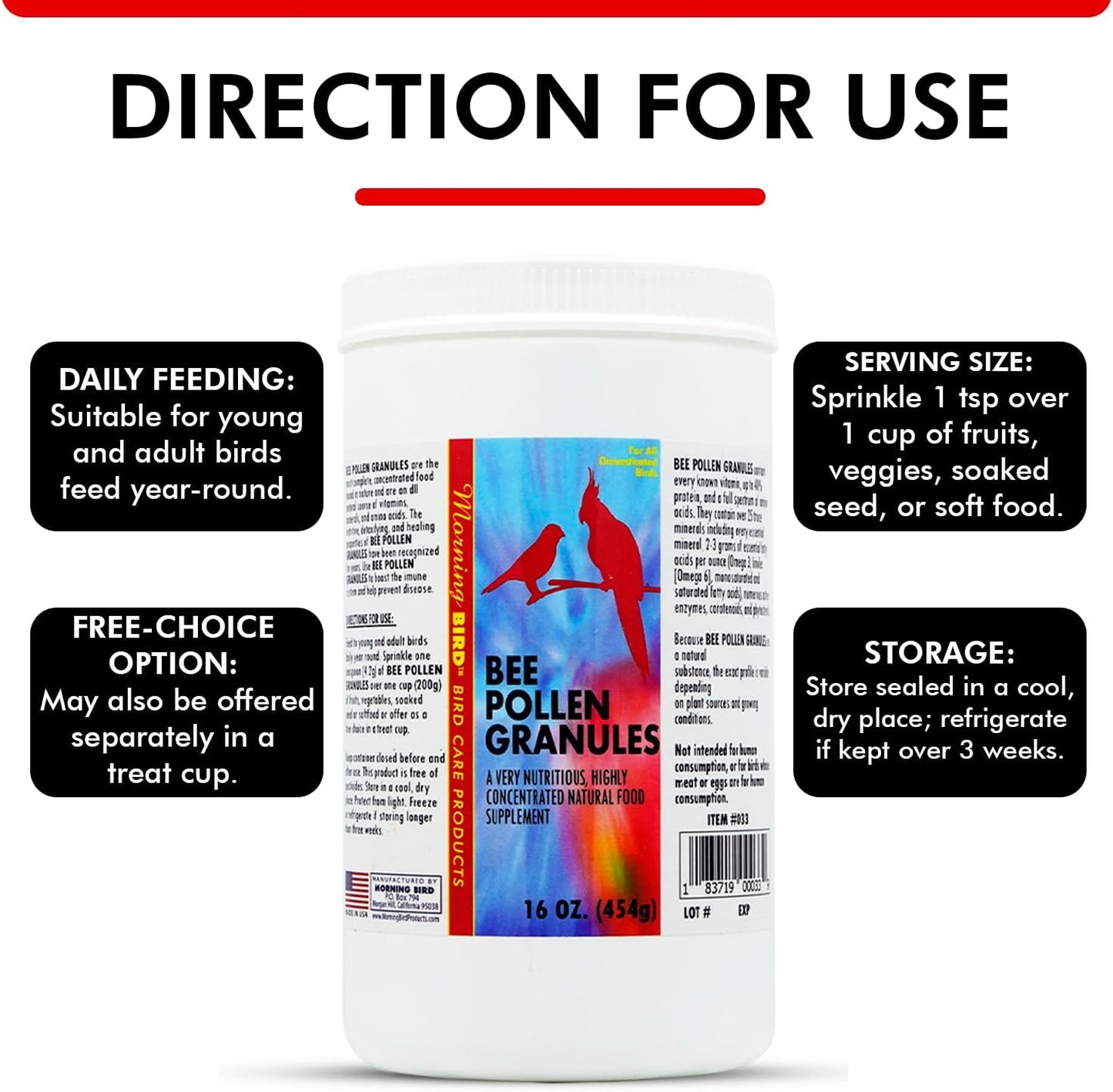 Morning Bird Bee Pollen Granules 16 Oz – Naturally Immune Support & Protein Powder for Birds – Boosts Strength, Feather Health & Energy Supplements – Easy to Mix with Food for All Bird Types