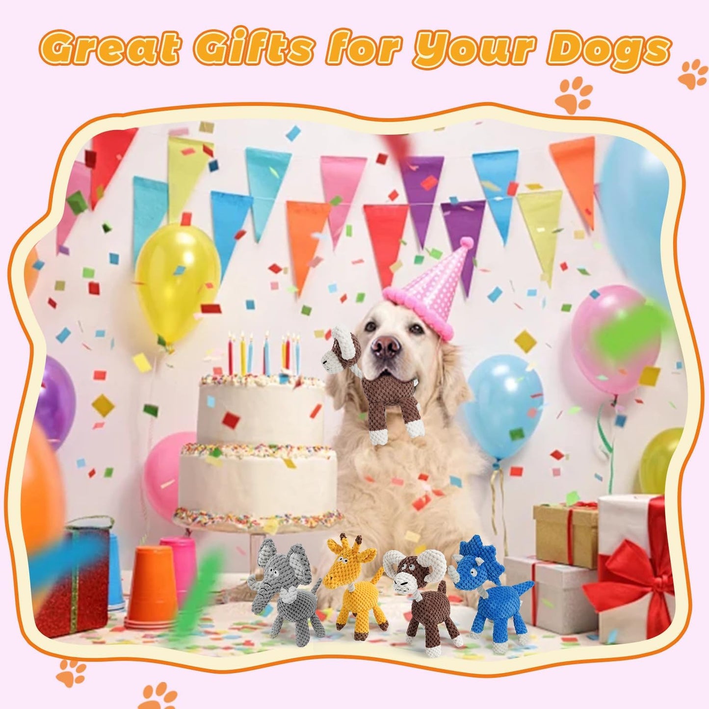 4-Pack Squeaky Dog Toys Set Plush Dog Toy with Rope for Small Medium Dogs Bundle Dog Chew Toys; Giraffe, Elephant, Cow and Dinosaur Interactive Dog Toy Stuffed Animals Toys to Keep Them Busy