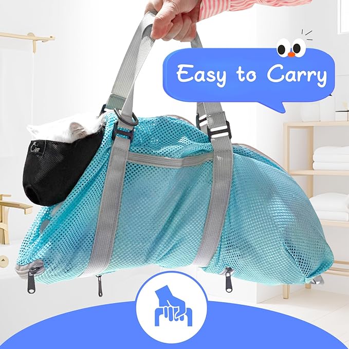Cinf Cat Bathing Bag(Free Muzzle) Breathable Mesh Anti Scratch Adjustable Cat Grooming Bag for Nail Trimming, Bathing Soft Cat Washing Bag(Light Blue) L