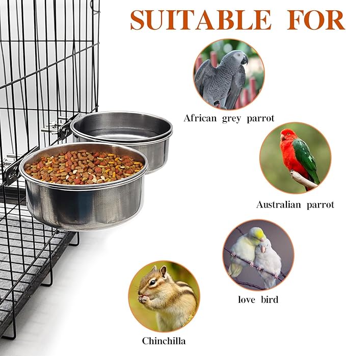 PINVNBY 2pcs Stainless Steel Bird Bowl Water Dish for Parrot, Parakeet, African Greys, Conure, Cockatiels, Lovebird, Budgie, Chinchilla(Three Screws Size: XL)