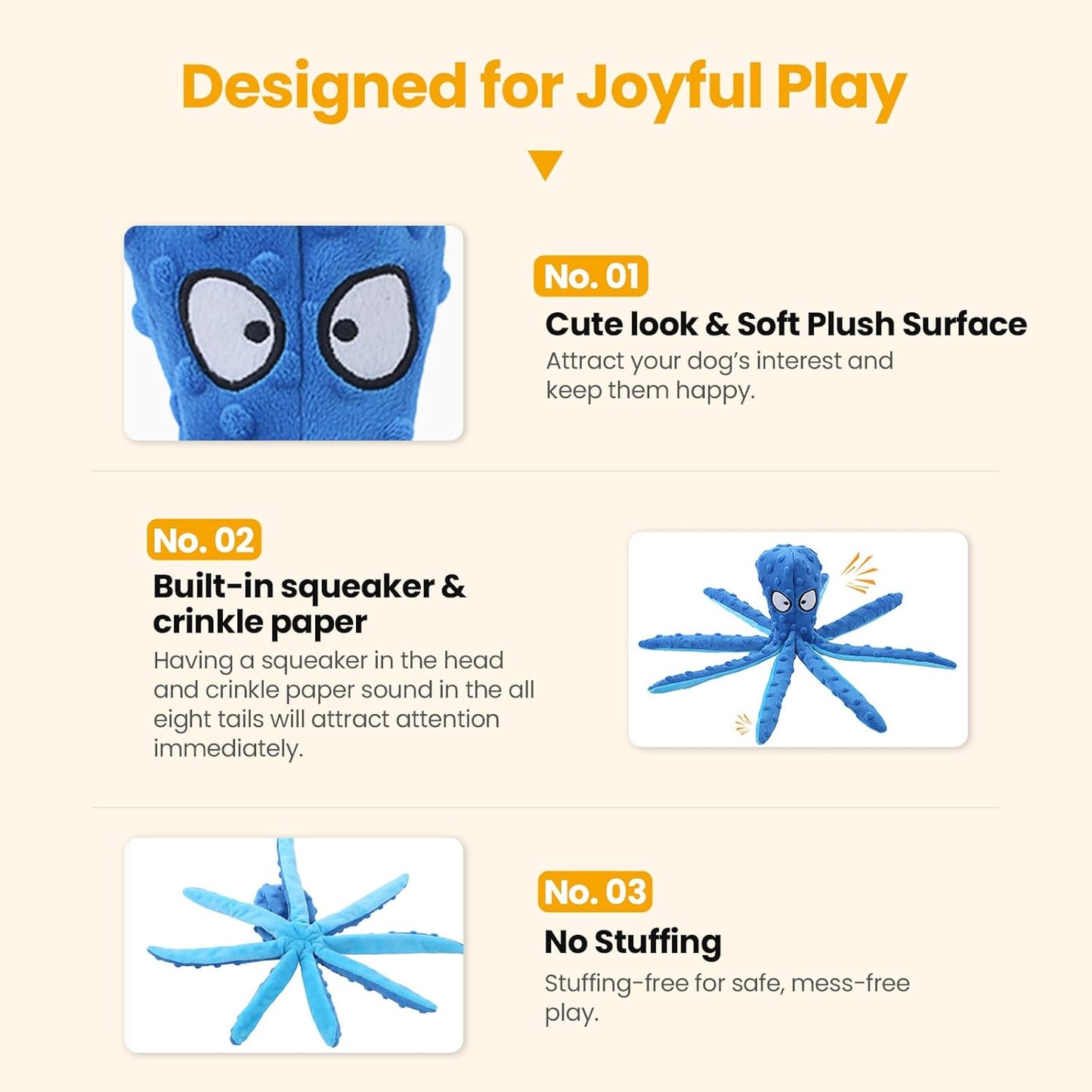 HGB Squeaky Dog Toys - Octopus No Stuffing Crinkle Plush Large Dog Toys to Keep Them Busy for Puppy Teething Chewing, Pet Supplies for Small, Medium, and Large Breeds, 2 Pack