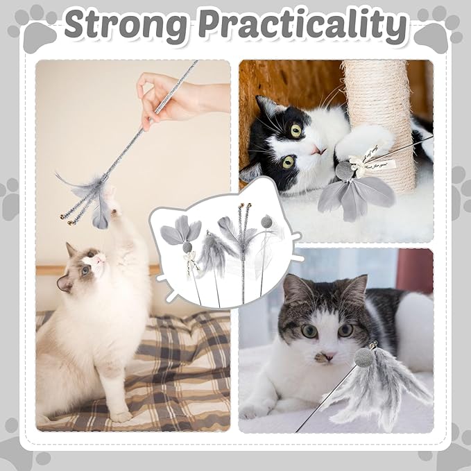 Interactive Cat Toys - 4-in-1 Cat Teaser Wand Toy and Feather Toys Refills for Indoor Cats to Chase and Exercise Design for Large and Small Cats