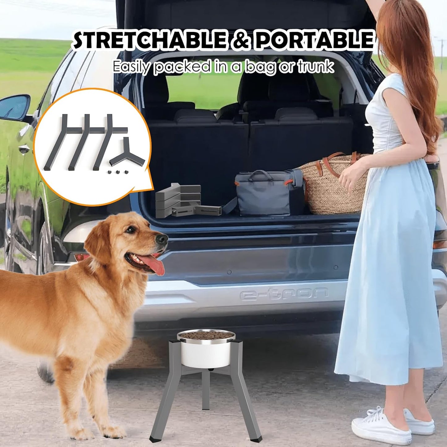 Dog Bowl Stand, Adjustable Width for 7-10.6'' Bowls, Raised Dog Food & Water Bowls, 11'' Tall, Grey (Bowl Not Included)