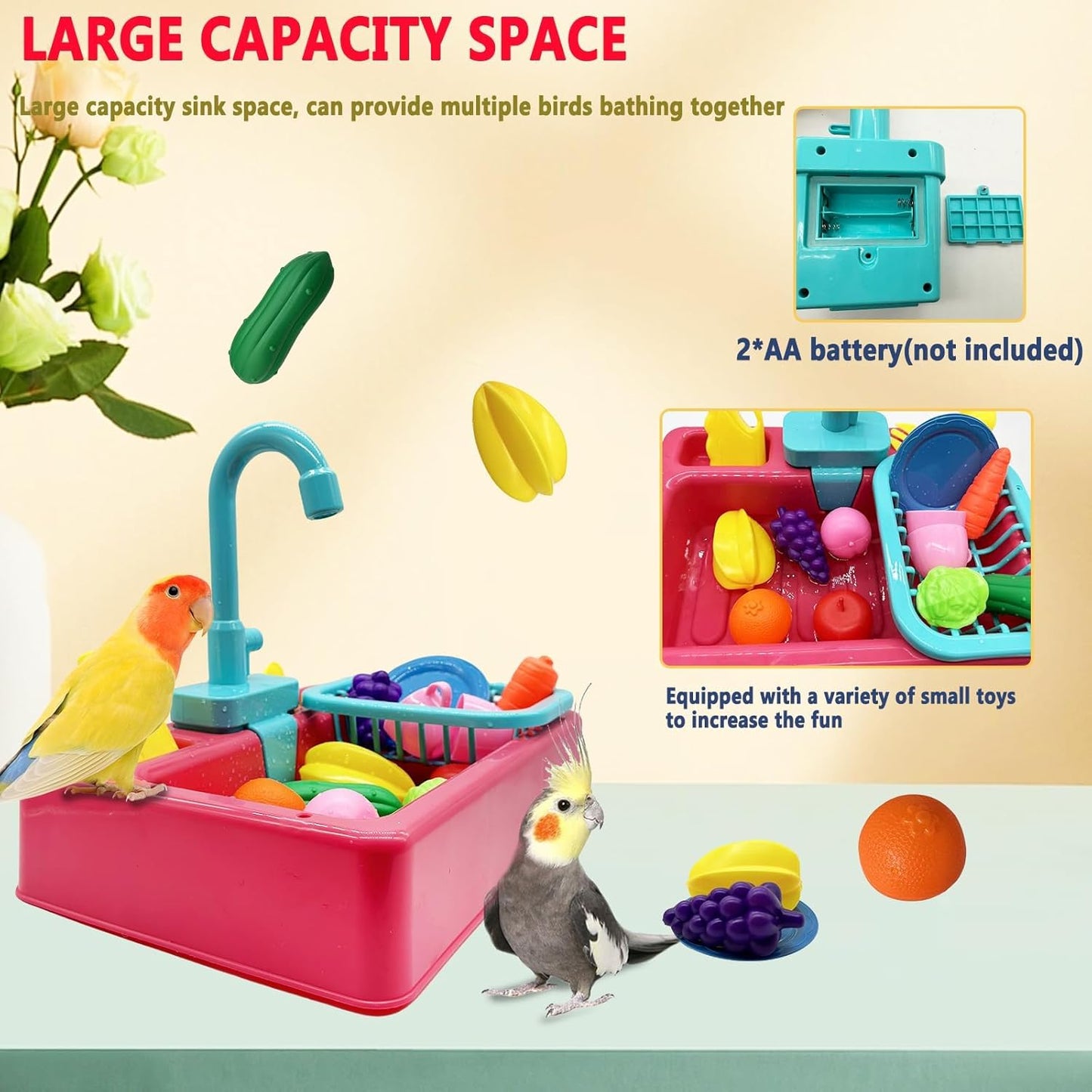 kathson Parrot Bathtub,Automatic Bird Shower Box,Multifunctional Parakeet Bathtub with Faucet,Bird Bathing Tub Pool Toy for Small Medium Birds Cockatiel Lovebird Budgie(Red-Orange)