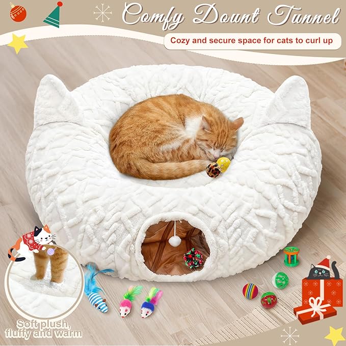 OurWarm Large Cat Tunnel Bed for Indoor Cats with Soft Cushion & Cat Toys, Round Under Tree Cats Donut Tunnel Christmas Tree Skirt, White Plush Pet Peekaboo Cave for Kitten/Puppy/Rabbit to Play