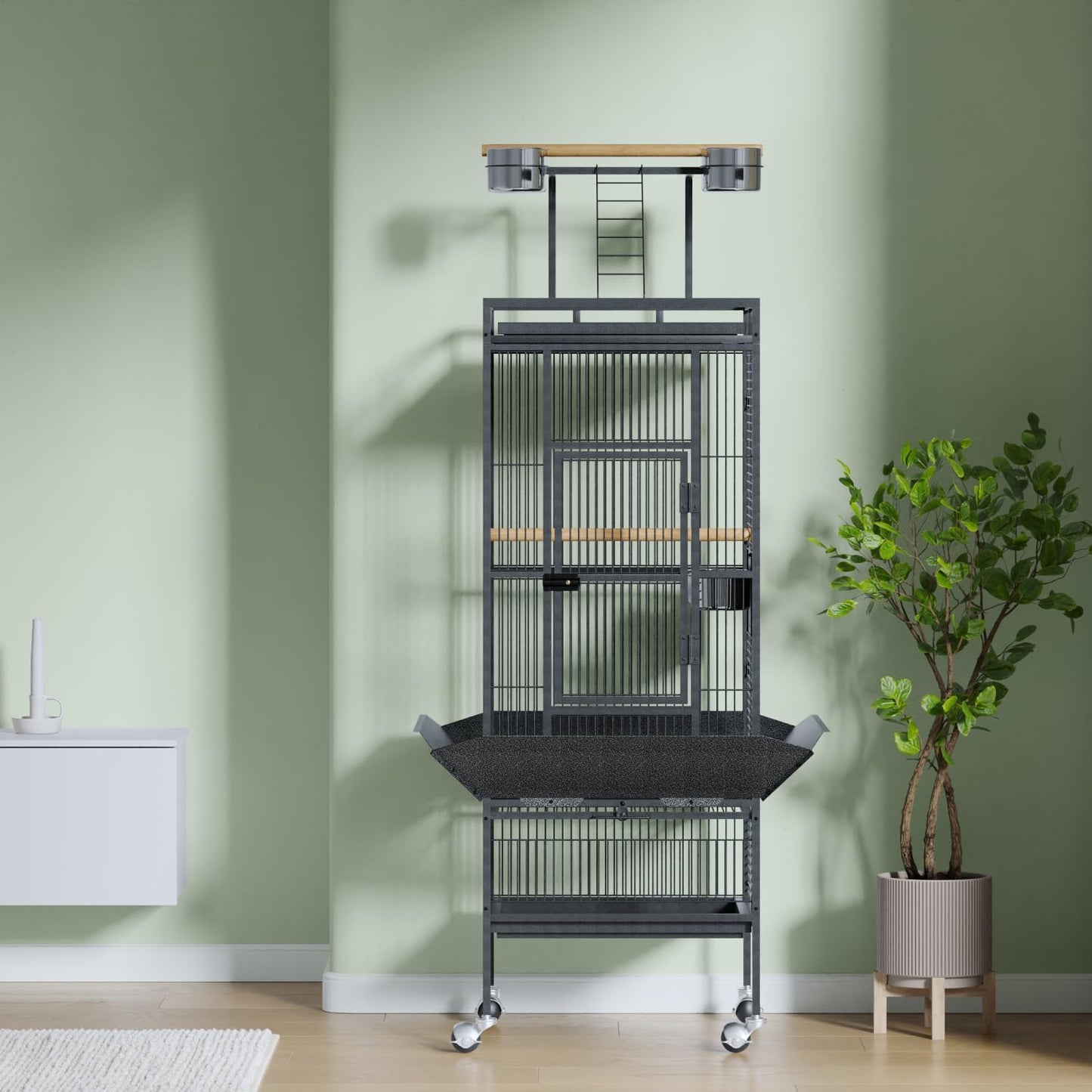 61 Inch Large Bird Cage Rolling Wrought Iron Parrot Cage with Play Top & Bowls for Mid-Sized Parrots Cockatiels Conures Parakeets Lovebirds Budgie Finch Dark Grey