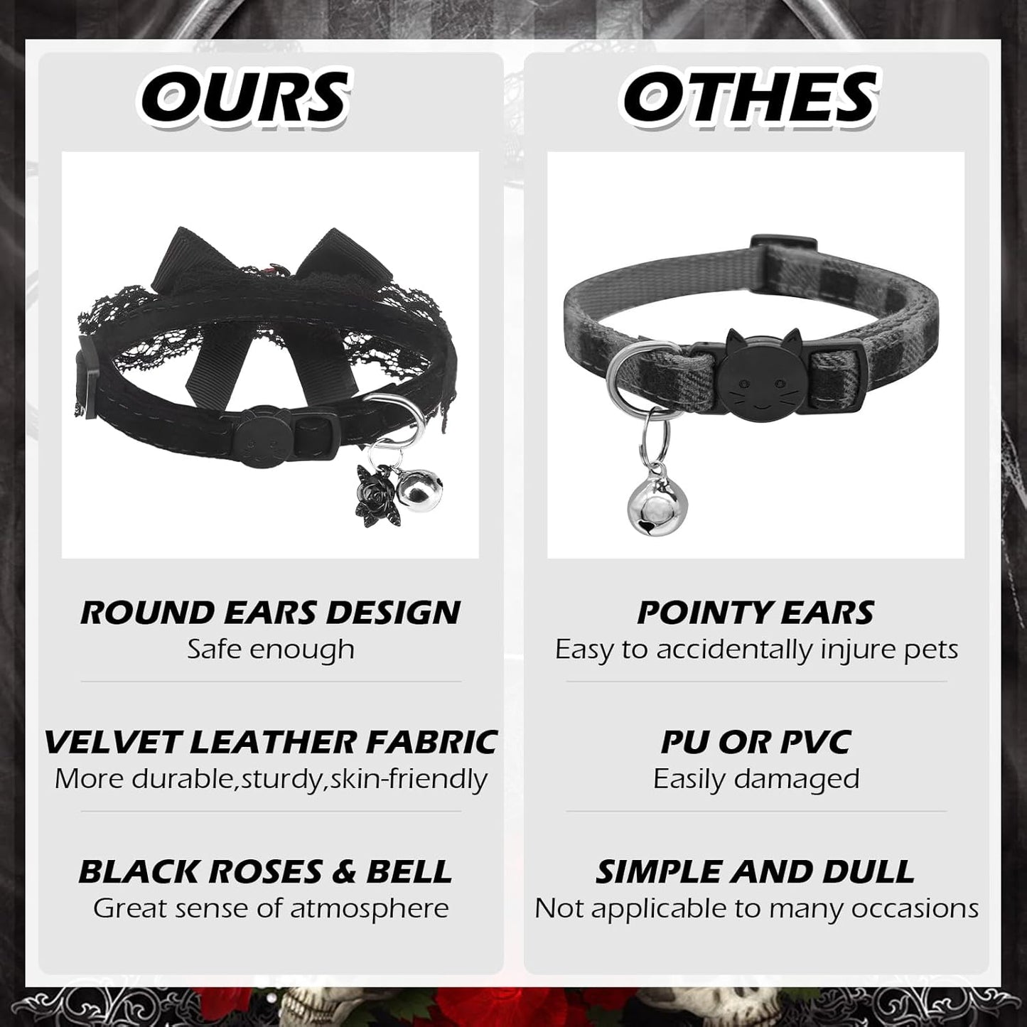 EXPAWLORER Halloween Cat Collar,Adjustable Soft Velvet Cat Collar Breakaway with Flower Accessory and Bell,Safety Quick Release Gothic Style Pet Collar for Cat,Kitten,Small Dog