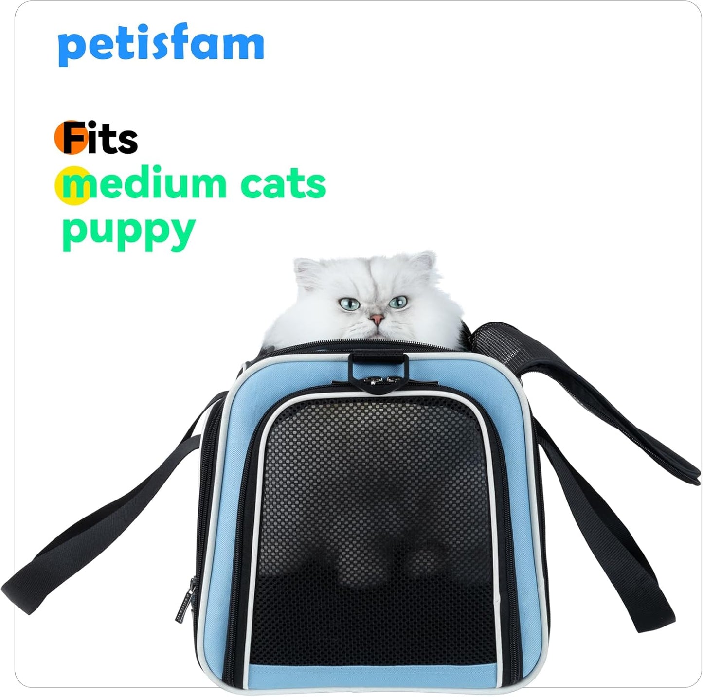 petisfam Pet Carrier Bag for Medium Cats and Puppy. TSA Airlined Approced. Easy Vet Visit, Airline Approved, Top Loading, Easy Storage