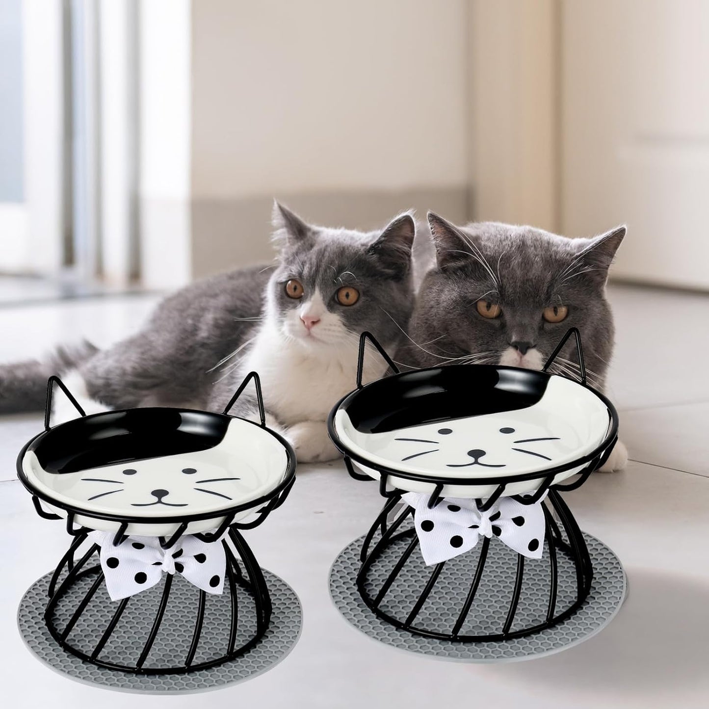 2PCS Ceramic Elevated Cat Bowls, Raised Pet Food Bowl Whisker Friendly, Anti-Vomiting Food Plate with Cute Metal Stand, Shallow Food Plate for Indoor Cat, Protects Spine