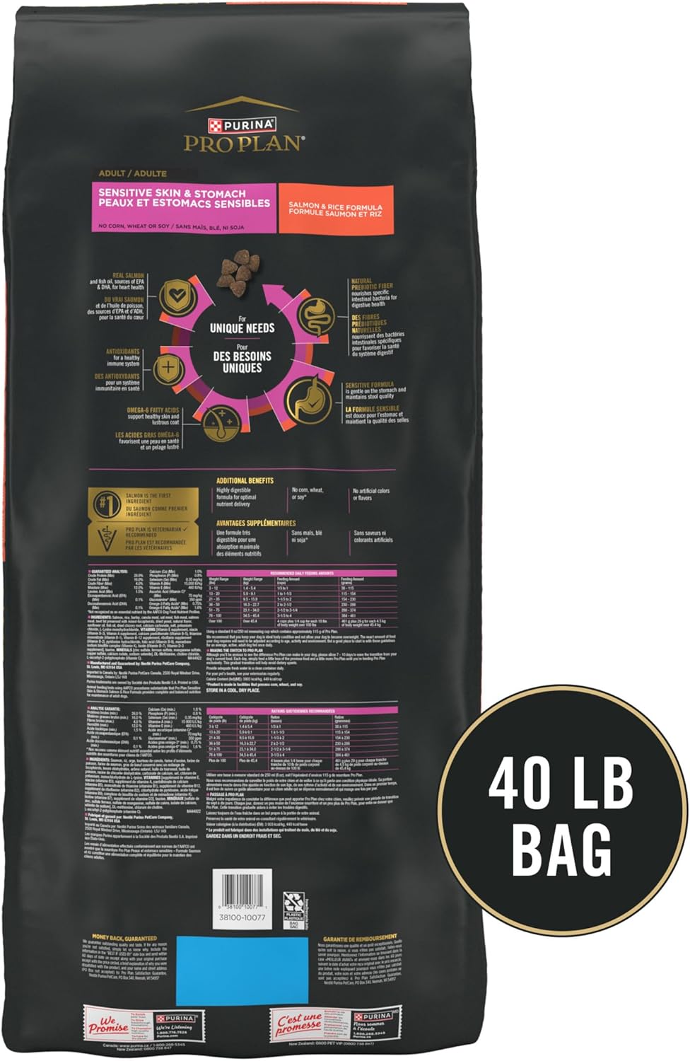 Purina Pro Plan Sensitive Skin and Stomach Dog Food Dry, Adult Salmon & Rice Formula, Digestive Health - 40 lb. Bag