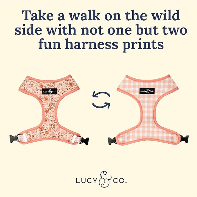 Lucy & Co. Cute Reversible Dog Harness Walking Halter - Best Designer Pet Harnesses for XS - XL Dogs - Padded Adjustable Vest for Easy Walking-Medium-Peach Pink Floral Plaid