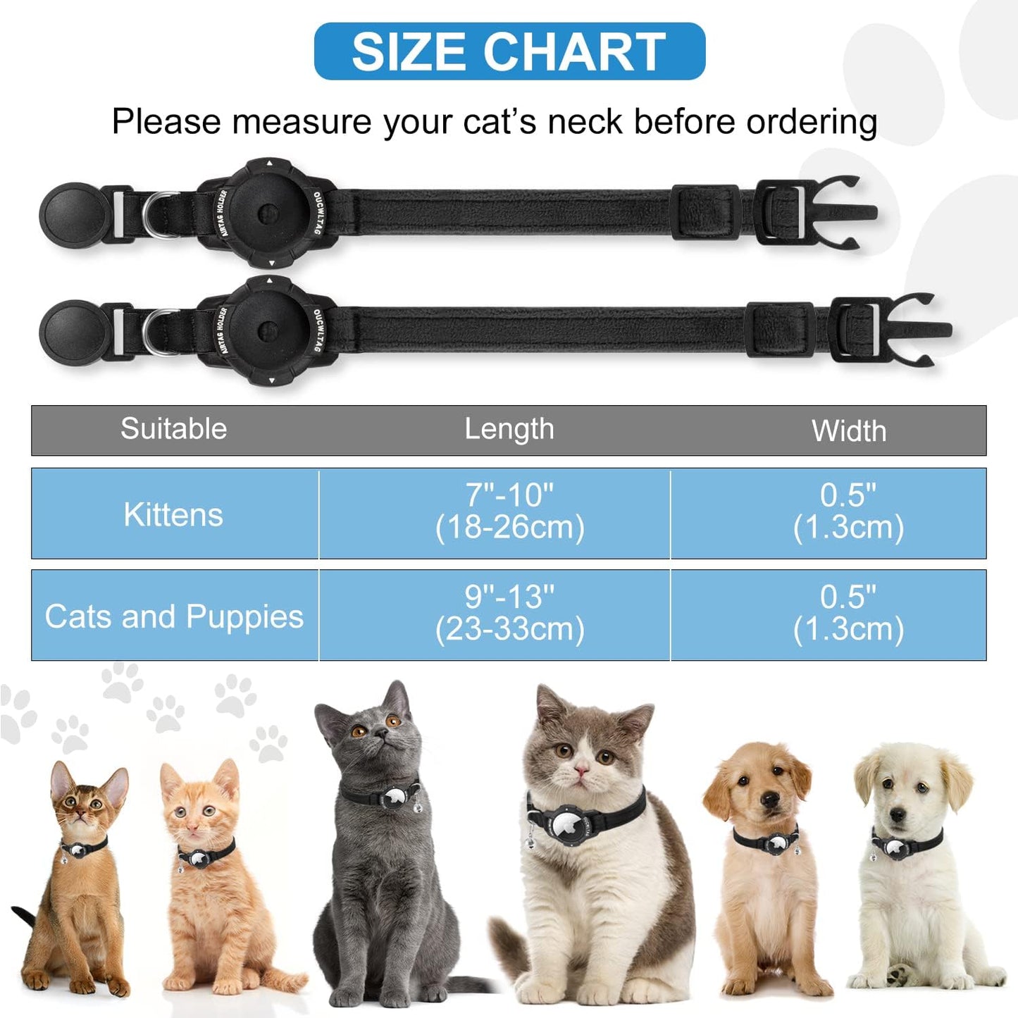 Luminous AirTag Cat Collar Breakaway, OUCWLTAG GPS Cat Collar with Apple Air Tag Holder, Cat Tracker Collars with Safety Elastic Band for Girl Boy Cats, Kittens and Puppies (Black, 9-13 Inch)