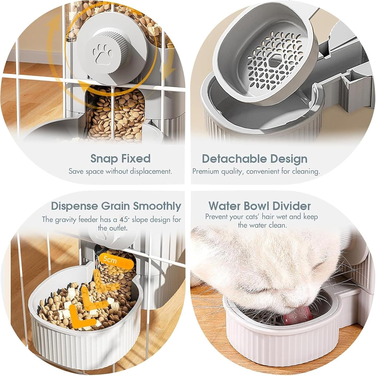 Yummy Sam Hanging Cage Automatic Small Pet Food Bowl Water Bottle Dispenser, Detachable Auto Gravity 1.2L Self-Feeding Feeder and 0.52L Waterer Set Kennel Feeding Station for Puppy Cats Rabbit(Grey)