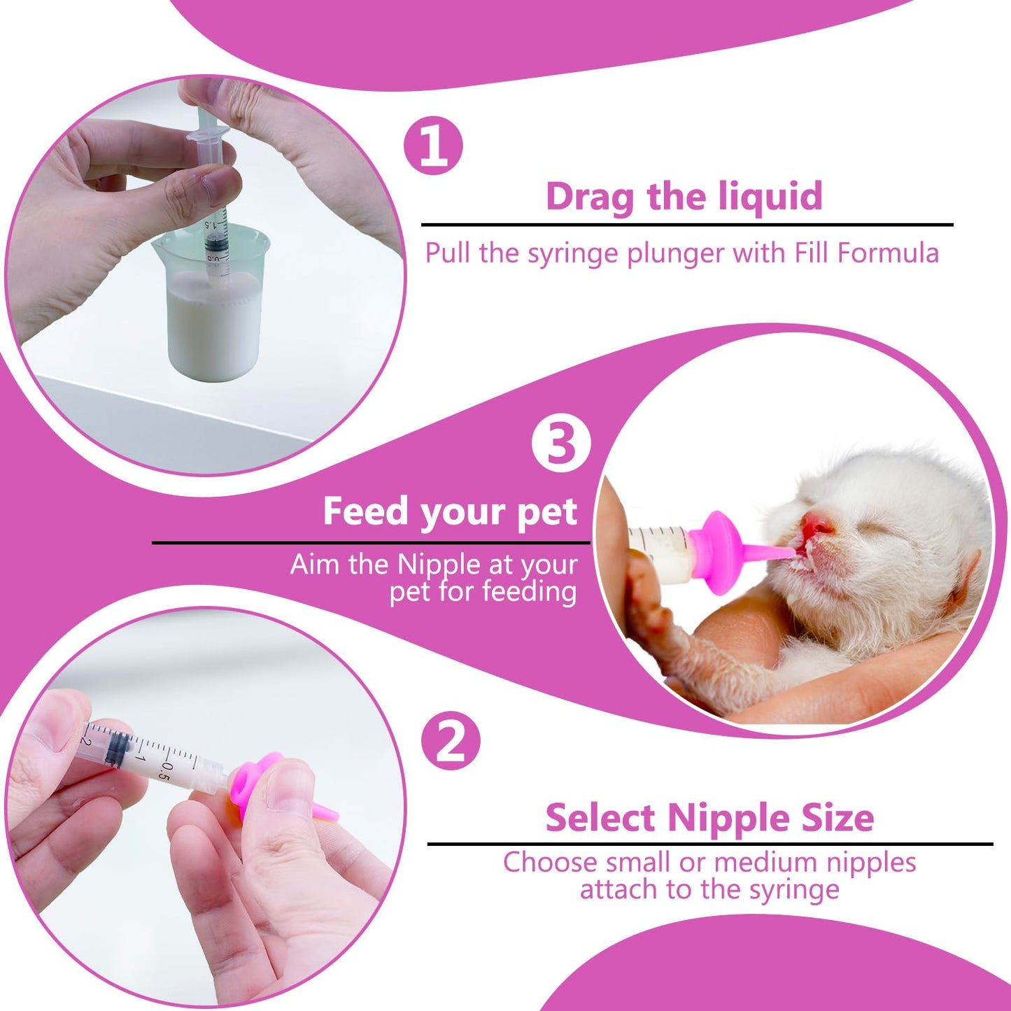 Pet Feeding Nipple with Syringe, Soft Silicone Nursing Pet Feeding Bottle, Ventilation Valve Resistant Tearing for Puppies, Kittens, Rabbit, Small Wildlife (S Nipple,Pink)