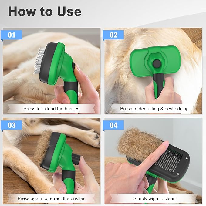 Self Cleaning Deshedding Brush for Dogs & Cats - Skin Friendly Grooming Tool with Hair Removal for Haired Pets, Green