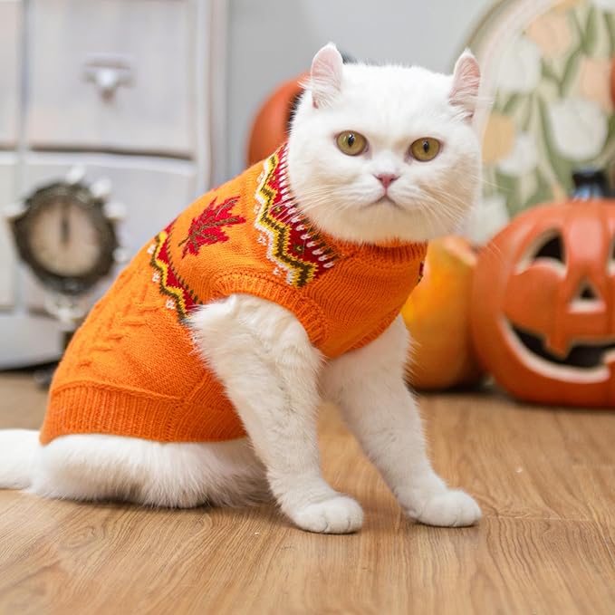 PUPTECK Winter Cat Sweater Coat - Soft Warm Cold Weather Clothes Knitwear for Kittens & Small Dogs Indoor Outdoor Wearing, Knitted Classic for Doggies Kitties Girls Boys, Maple Leaf Orange, S
