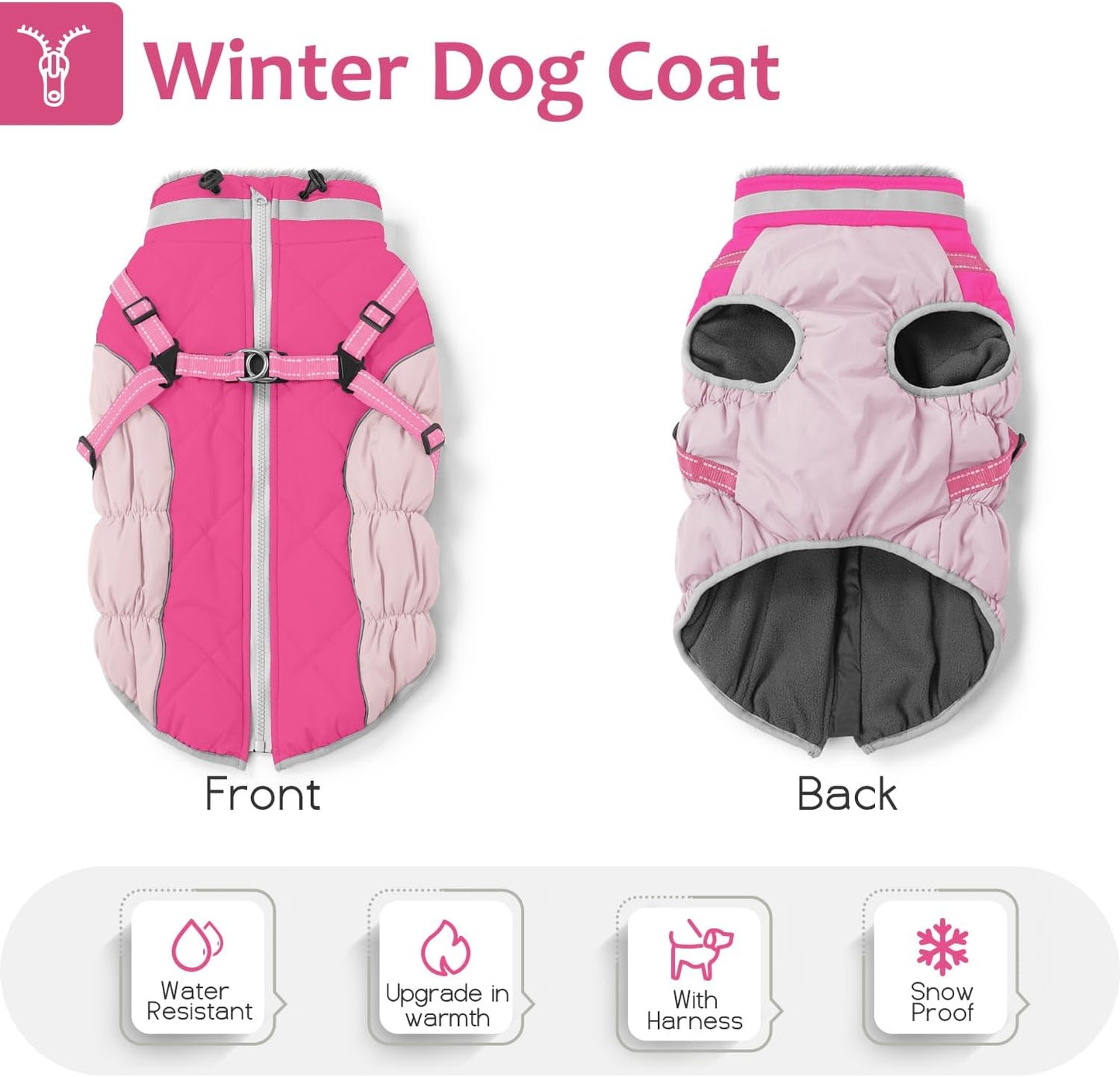 Dog Winter Coat with Harness, Dog Jacket, Pet Clothes with Zipper on Back, Waterproof Windproof Warm Vest, Reflective Cold Weather Coats, for Small Medium Large Dogs, Thick, Pink, XL