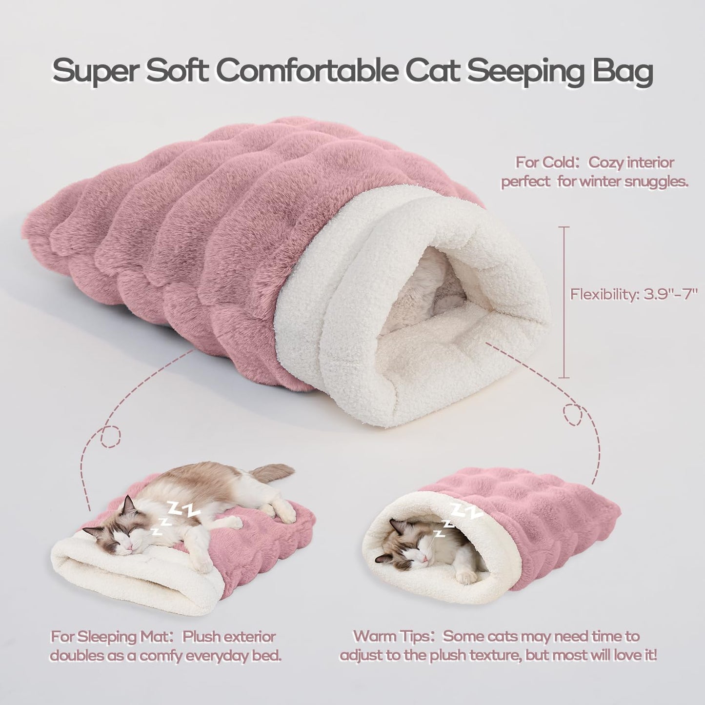 Cat Sleeping Bag for Indoor Cats Self Warming Cat Bed Fits up to 15 lbs Pets Soft Plush Warm Bed 360° Wrap Bag Washable Comfortable Pet Sleeping Bed 21" × 17" Pink