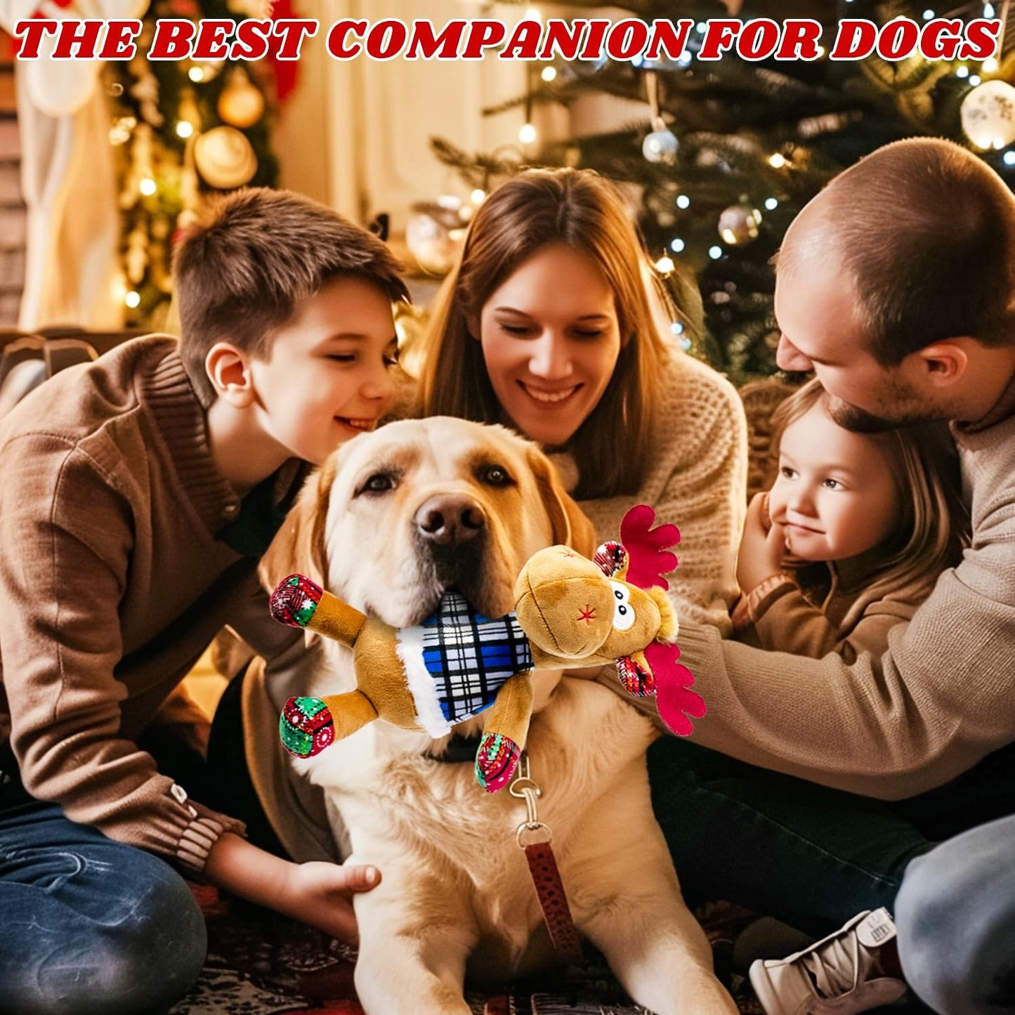 Dog Toys Squeaky Interactive Puppy Teething Chew Toy with Crinkle Sound Paper Tail Stuffed PP Cotton,Keep Them Busy, Large Medium Small Breeds Indoor Play, Christmas Deer