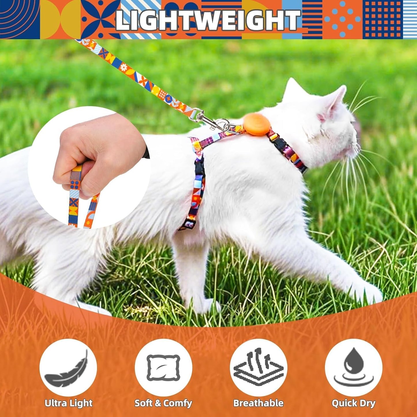 PUPTECK Adjustable Cat Harness and Leash Set Escape Proof Kitten Strap Collar for Walking Travel, Geometry Pattern