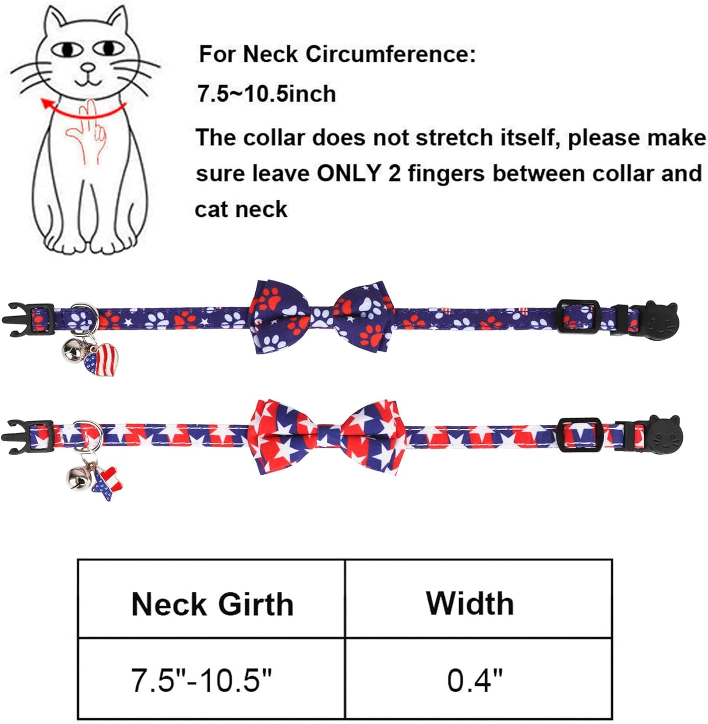 ADOGGYGO American Flag Cat Collar Breakaway with Bow Tie Bell - 2 Pack 4th of July Kitten Collar with Removable Bowtie Red Blue American Flag Collars for Cat Kitten