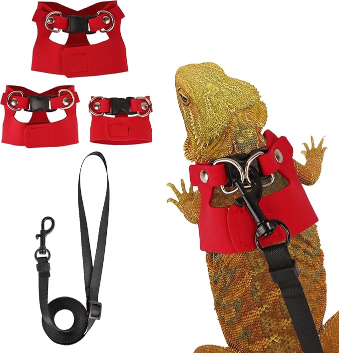 ADOGGYGO Bearded Dragon Harness Leash Set- 3 Size Pack Lizard Harness, Lizard Reptile Walking Leash Harness for Bearded Dragon Lizard Reptiles (Red)