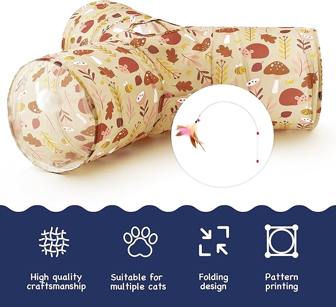 Tempcore Pet Cat Tunnel Tube Cat Toys 3 Way Collapsible, Cat Tunnels for Indoor Cats,Kitty Tunnel Bored Pet Toys Peek Hole Toy Ball Puppy, Kitty, Kitten, Rabbit Khaki Hedgehog