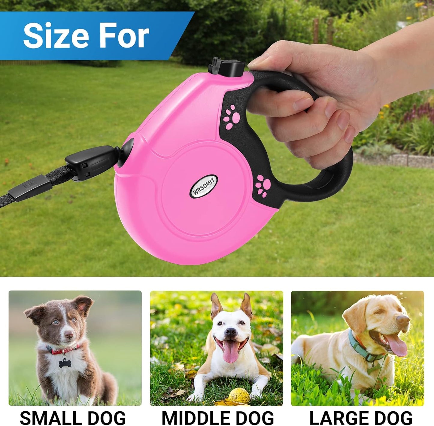 Retractable Dog Leash, 26 Ft Heavy Duty Pet Walking Leash for Small Medium Large Dogs up to 99lbs, Anti-Slip Handle, 360 ° No Tangle, Nylon Tape, One-Handed Brake (Pink)