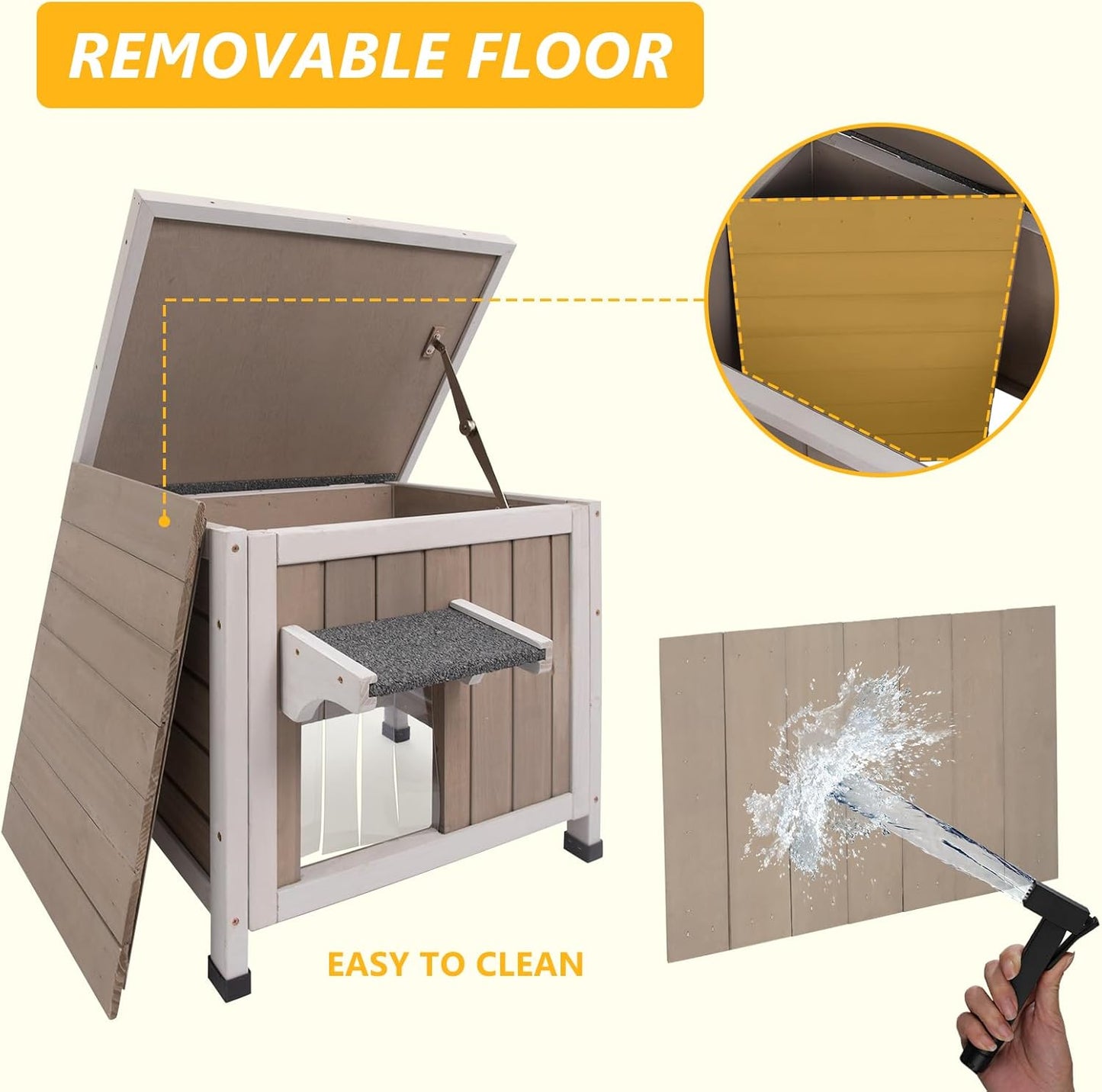 22.44" L Cat House,Feral Cat Shelter for Kittens,Outdoor Weatherproof Cat Enclosure with Openable Asphalt Roof & 2 Escape Doors for Small Cats,Suit for 1-2 Cat,Grey