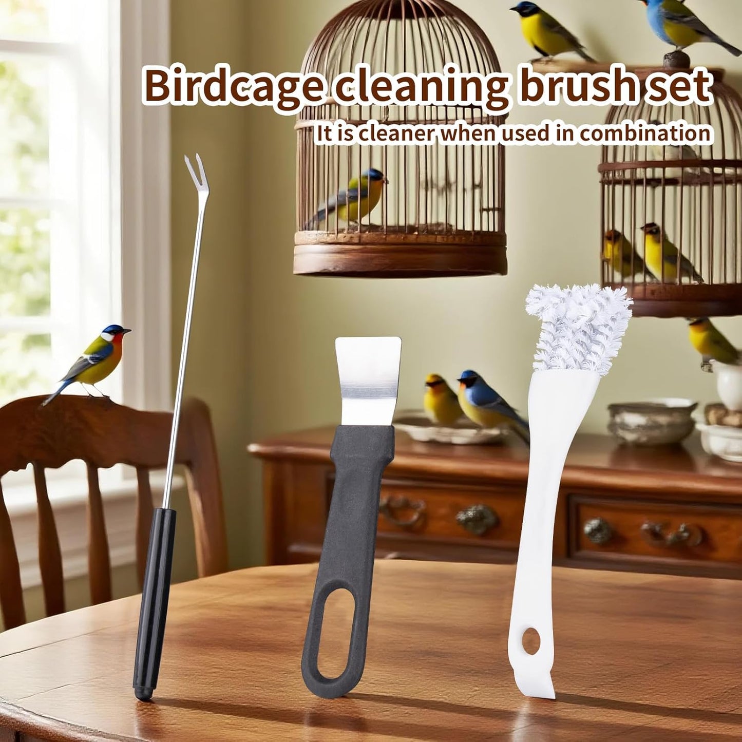 Bird Cage Cleaning Brush Tool Set, Bird Cage Cleaning Brush with Long Handle, Bird Cage Accessories, Bird Cage Cleaner Brush Kit,Poop Remover for Cleaning Poop in Pet Cages,Parrot Cages & Bird Perches