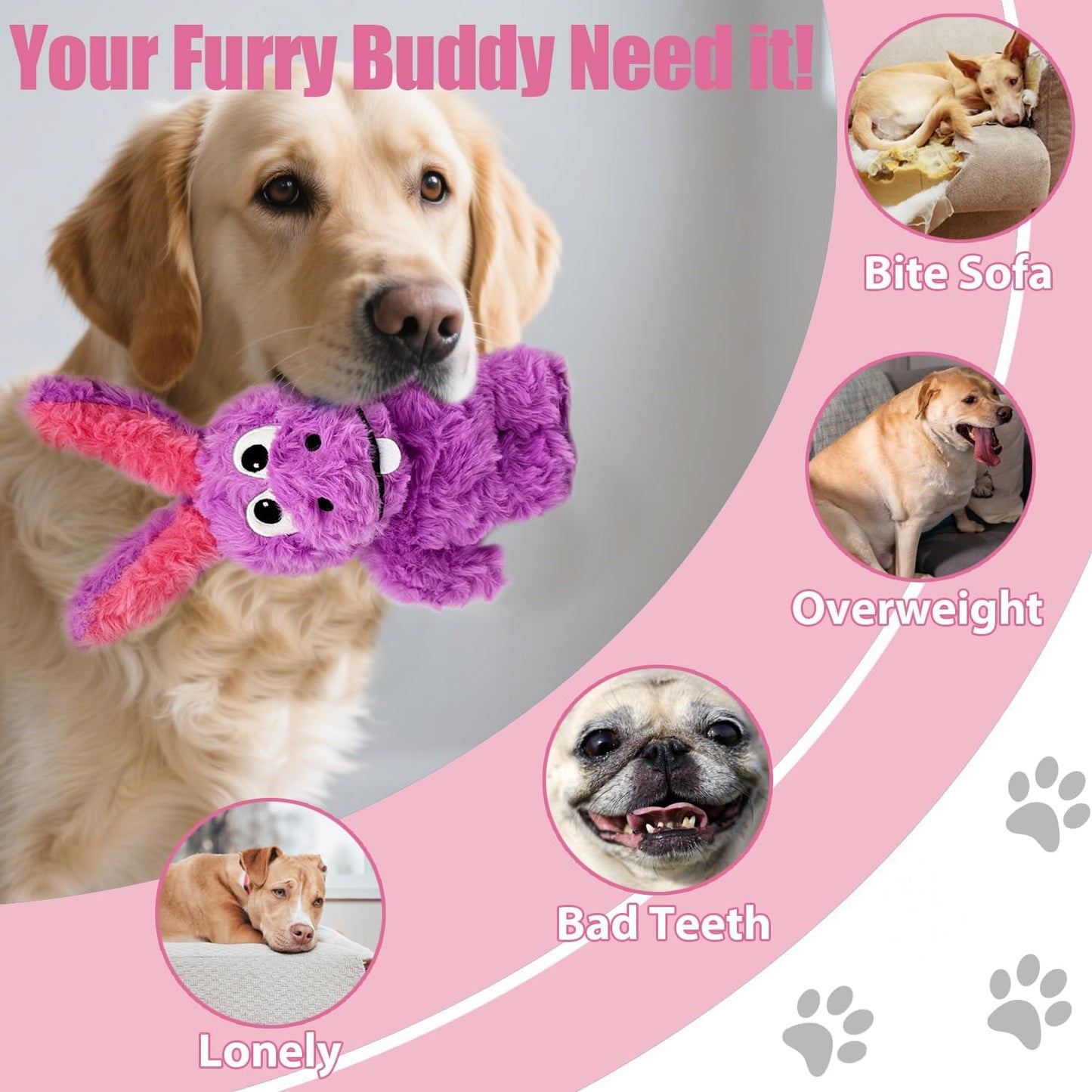 Squeaky Dog Toy Plush, Stuffed Crinkle Tug of War Dog Toy Keep Them Busy Pet Puppy Birthday Toy for Small Medium Large Dogs (Purple)