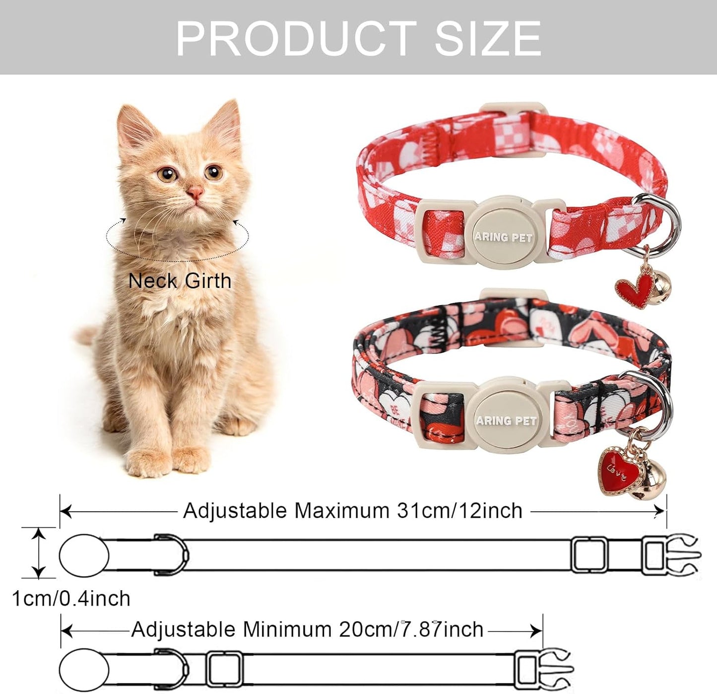 ARING PET 2 Pack Valentine's Day Cat Collars-Cute Heart Cat Collar Breakaway with Bell&Pendant, Adjustable Valentine Kitten Collars with Safety Buckle for Girl and Boy Cats