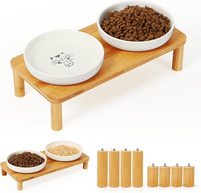 Elevated Cat Bowls for Indoor Cats – Raised Bamboo Cat Food Table with 2 Ceramic Dishes, Adjustable Height (4.25"/3.07"), Set of 1
