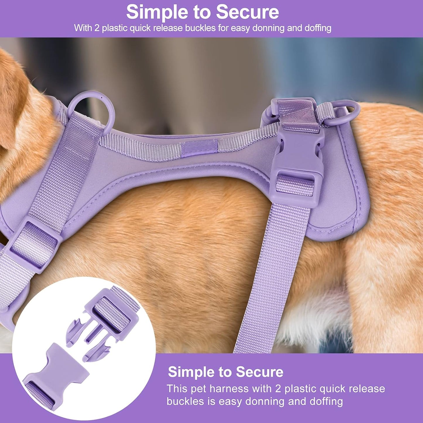 No Pull Lightweight Dog Harness: Adjustable Durable Breathable Mesh Pet Vest Harness with Soft & Comfortable Cushion, for Small Medium Large Dogs (Medium, Lilac)