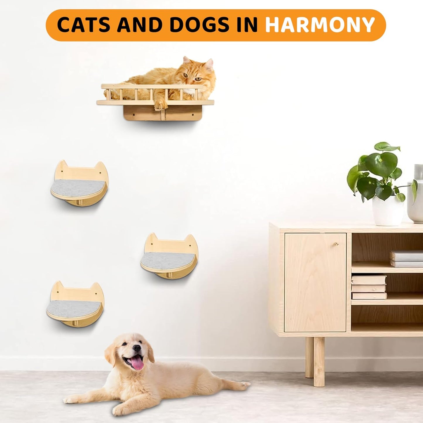 2 Pcs Cat Wall Steps – Indoor Premium Hardwood Cat Stairs – Cat Wall Shelves with Scratching Pads – Modern Wall Mounted Furniture for Climbing, Jumping & Lounging - for Large Cats